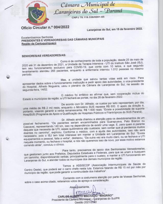 Presidente Magrão encaminha ofício às Câmaras da região visando auxílio para a UTI